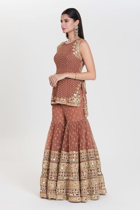 Abhinav Mishra_Rust Georgette, Net Sequins, Zari, Mirrors Aarzu Brown Embroidered Sharara Set _Online_at_Aza_Fashions