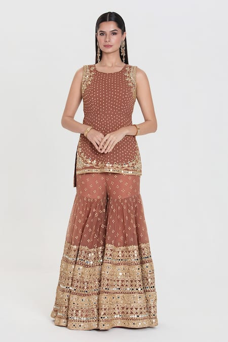 Buy_Abhinav Mishra_Rust Georgette, Net Sequins, Zari, Mirrors Aarzu Brown Embroidered Sharara Set _Online_at_Aza_Fashions