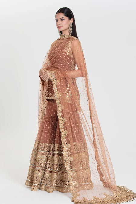 Shop_Abhinav Mishra_Rust Georgette, Net Sequins, Zari, Mirrors Aarzu Brown Embroidered Sharara Set _Online_at_Aza_Fashions