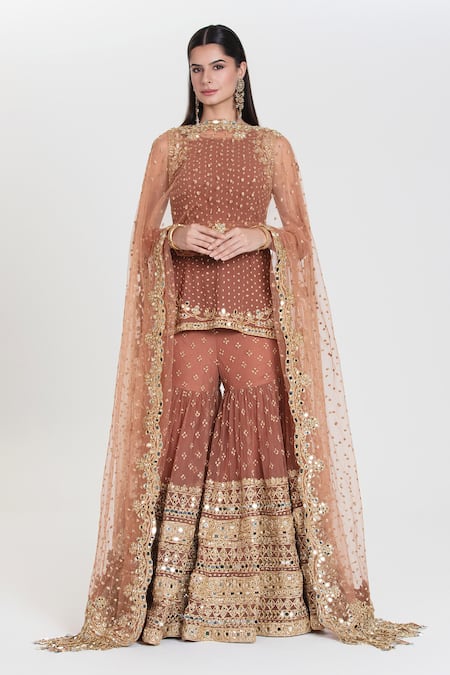 Abhinav Mishra Rust Georgette, Net Sequins, Zari, Mirrors Aarzu Brown Embroidered Sharara Set 