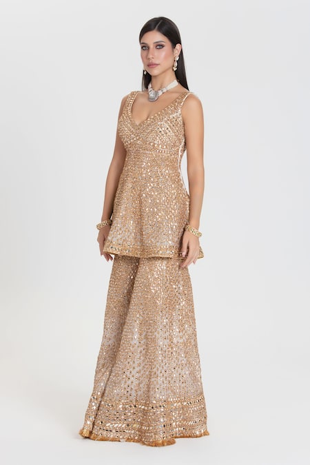 Abhinav Mishra_Ivory Net Mirrors, Zari, Sequins Salma Sitara Embroidered Kurta Sharara Set _Online_at_Aza_Fashions