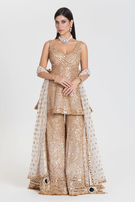 Abhinav Mishra Ivory Net Mirrors, Zari, Sequins Salma Sitara Embroidered Kurta Sharara Set