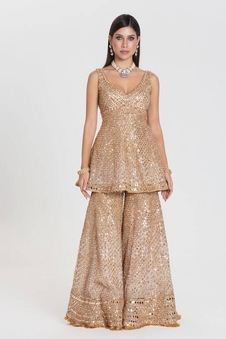 Shop_Abhinav Mishra_Ivory Net Mirrors, Zari, Sequins Salma Sitara Embroidered Kurta Sharara Set _Online_at_Aza_Fashions