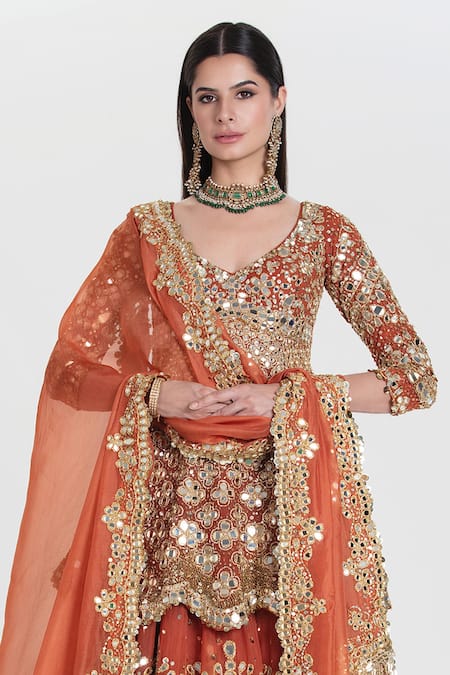 Abhinav Mishra_Rust Net, Organza Sequins, Mirrors, Zari Round Orange Embroidered Lehenga Set _Online_at_Aza_Fashions