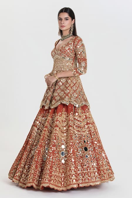 Buy_Abhinav Mishra_Rust Net, Organza Sequins, Mirrors, Zari Round Orange Embroidered Lehenga Set _Online_at_Aza_Fashions