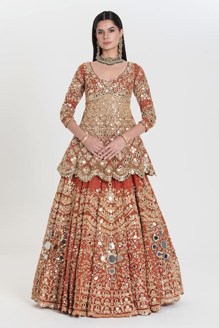 Shop_Abhinav Mishra_Rust Net, Organza Sequins, Mirrors, Zari Round Orange Embroidered Lehenga Set _Online_at_Aza_Fashions