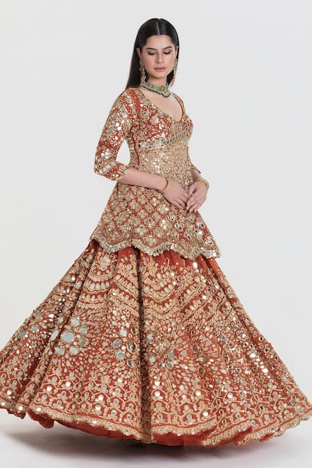 Abhinav Mishra_Rust Net, Organza Sequins, Mirrors, Zari Round Orange Embroidered Lehenga Set _at_Aza_Fashions