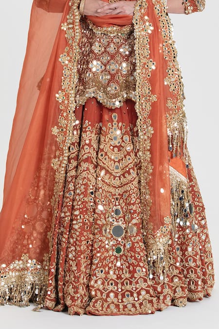Buy_Abhinav Mishra_Rust Net, Organza Sequins, Mirrors, Zari Round Orange Embroidered Lehenga Set 