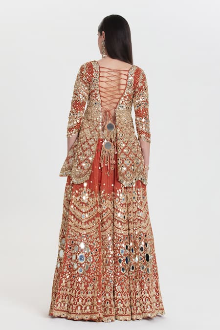 Abhinav Mishra Rust Orange Mirror Embroidered Lehenga Set 