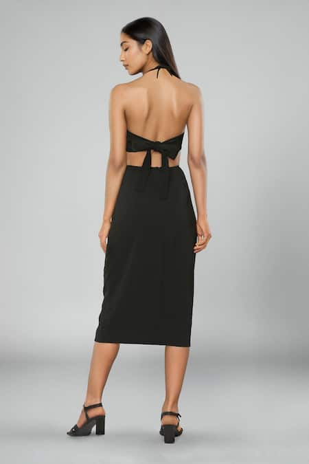 Shop Emblaze Black Viscose Halter Neck Cut-out Midi Dress at Aza Fashions Shop_Emblaze_Black Viscose Halter Neck Cut-out Midi Dress _at_Aza_Fashions
