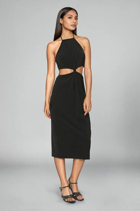 Shop Emblaze Black Viscose Halter Neck Cut-out Midi Dress Online at Aza Fashions Shop_Emblaze_Black Viscose Halter Neck Cut-out Midi Dress _Online_at_Aza_Fashions