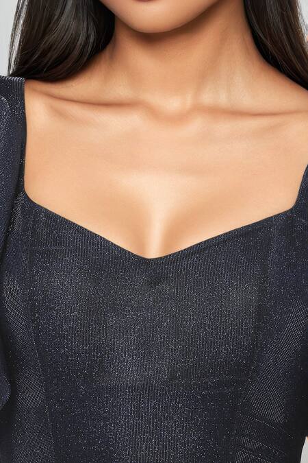 Buy Emblaze Blue Lycra Square Neck Metallic Dark Mini Dress Online at Aza Fashions Buy_Emblaze_Blue Lycra Square Neck Metallic Dark Mini Dress _Online_at_Aza_Fashions