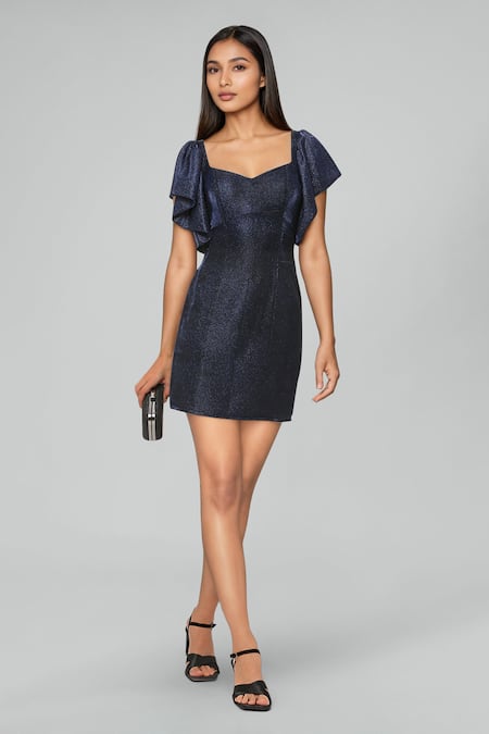 Emblaze Blue Lycra Square Neck Metallic Dark Mini Dress