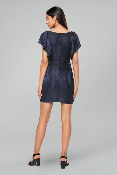 Shop Emblaze Blue Lycra Square Neck Metallic Dark Mini Dress at Aza Fashions Shop_Emblaze_Blue Lycra Square Neck Metallic Dark Mini Dress _at_Aza_Fashions