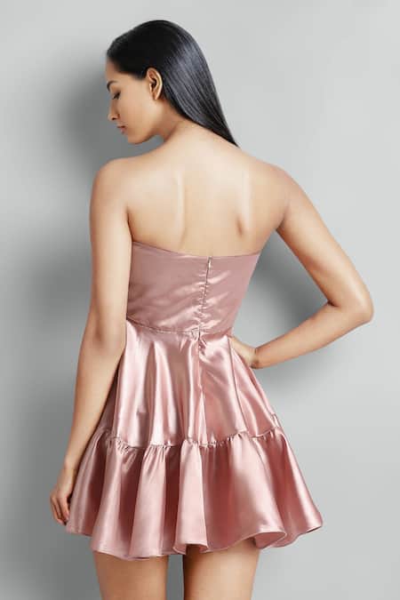 Shop Emblaze Rose Gold Satin Off-shoulder Pink Mini Corset Dress at Aza Fashions Shop_Emblaze_Rose Gold Satin Off-shoulder Pink Mini Corset Dress _at_Aza_Fashions