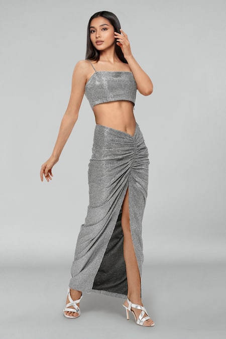 Buy Emblaze Silver Lycra Square Neck Metallic Knit Skirt Set Online at Aza Fashions Buy_Emblaze_Silver Lycra Square Neck Metallic Knit Skirt Set _Online_at_Aza_Fashions