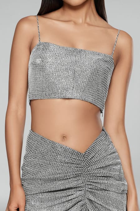 Shop Emblaze Silver Lycra Square Neck Metallic Knit Skirt Set Online at Aza Fashions Shop_Emblaze_Silver Lycra Square Neck Metallic Knit Skirt Set _Online_at_Aza_Fashions