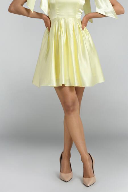 Emblaze_Yellow Satin Bows Square Neck Mini Dress _Online_at_Aza_Fashions