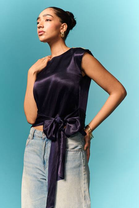 Emblaze_Navy Round Neck Blue Embellished Tie-up Top _Online_at_Aza_Fashions