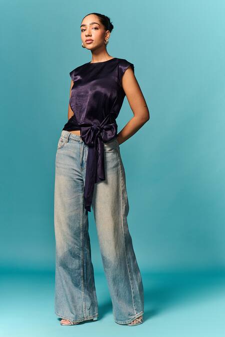 Buy_Emblaze_Navy Round Neck Blue Embellished Tie-up Top _Online_at_Aza_Fashions