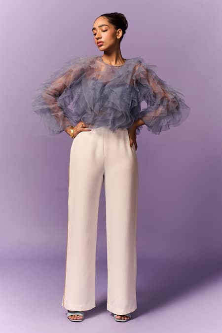 Emblaze Blue Tulle Round Neck Light Ruffle Top 