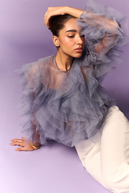 Emblaze_Blue Tulle Round Neck Light Ruffle Top _Online_at_Aza_Fashions