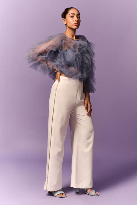 Buy_Emblaze_Blue Tulle Round Neck Light Ruffle Top _Online_at_Aza_Fashions