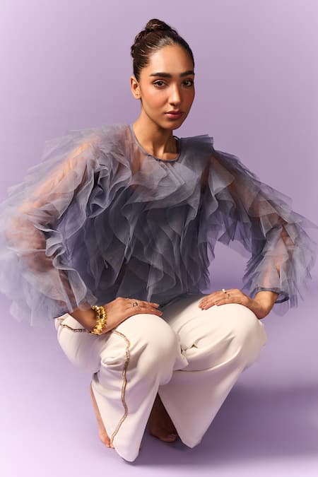 Shop_Emblaze_Blue Tulle Round Neck Light Ruffle Top _Online_at_Aza_Fashions