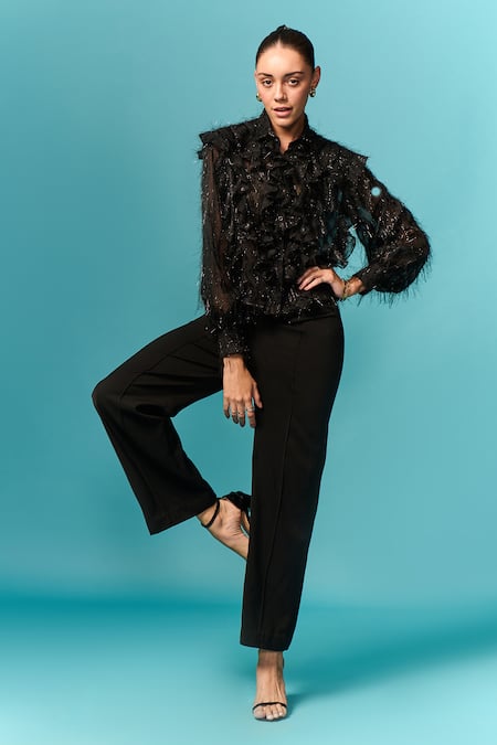 Emblaze Black Georgette High Neck Fur Ruffle Shirt 