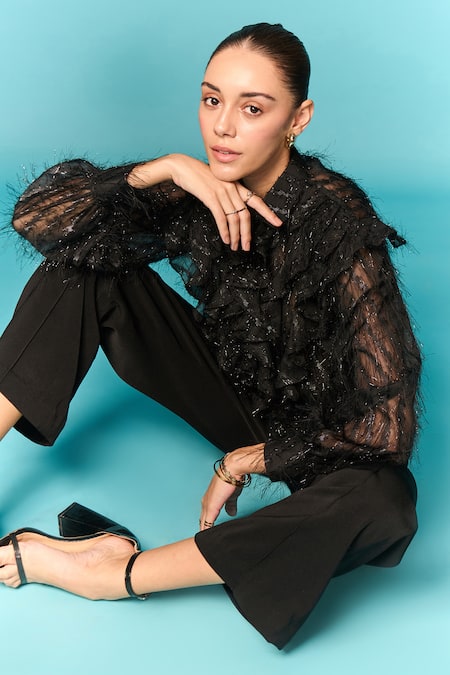 Shop_Emblaze_Black Georgette High Neck Fur Ruffle Shirt _Online_at_Aza_Fashions
