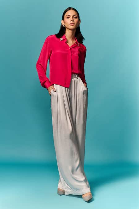 Emblaze_Pink Crepe Beads Collared Hot And Red Embellished Shirt _Online_at_Aza_Fashions