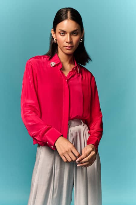 Emblaze Pink Crepe Beads Collared Hot And Red Embellished Shirt 