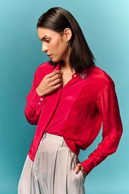 Buy_Emblaze_Pink Crepe Beads Collared Hot And Red Embellished Shirt _Online_at_Aza_Fashions