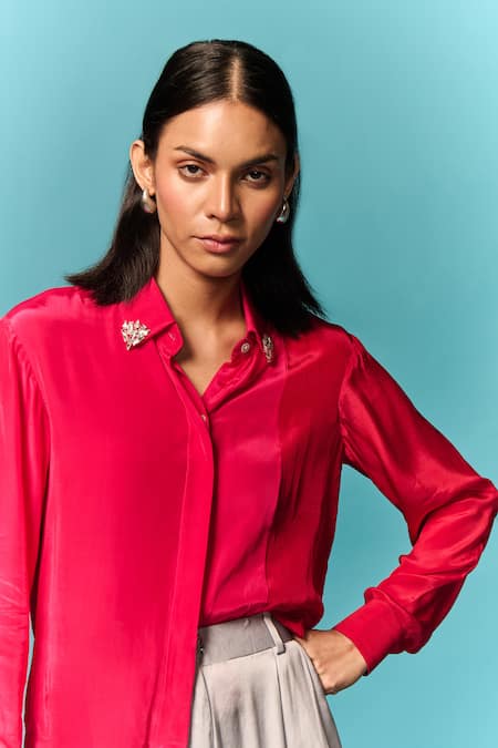 Shop_Emblaze_Pink Crepe Beads Collared Hot And Red Embellished Shirt _Online_at_Aza_Fashions