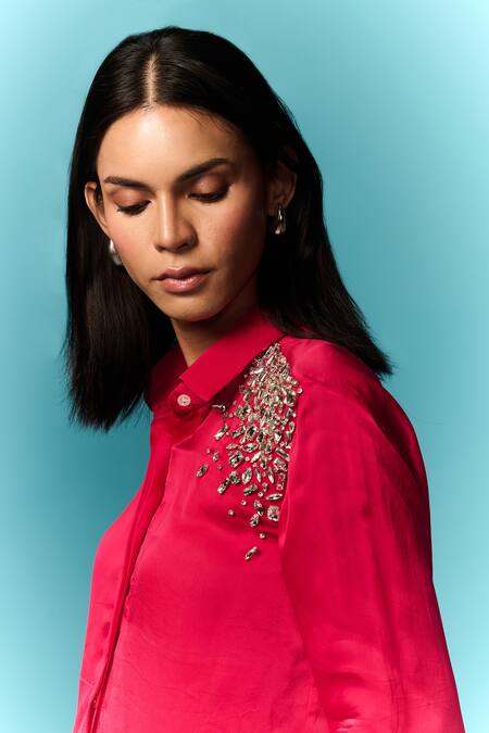 Emblaze_Pink Crepe Beads Collared Hot And Red Embellished Shirt _at_Aza_Fashions