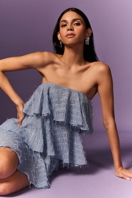 Emblaze_Blue Georgette Off-shoulder Light Layered Dress _Online_at_Aza_Fashions