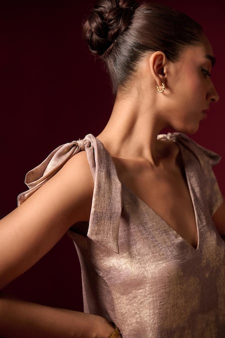 Emblaze Gold Cotton Satin V-neck Foil Tie-up Top Online at Aza Fashions Emblaze_Gold Cotton Satin V-neck Foil Tie-up Top _Online_at_Aza_Fashions