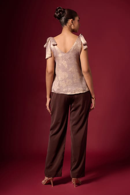Shop Emblaze Gold Cotton Satin V-neck Foil Tie-up Top at Aza Fashions Shop_Emblaze_Gold Cotton Satin V-neck Foil Tie-up Top _at_Aza_Fashions