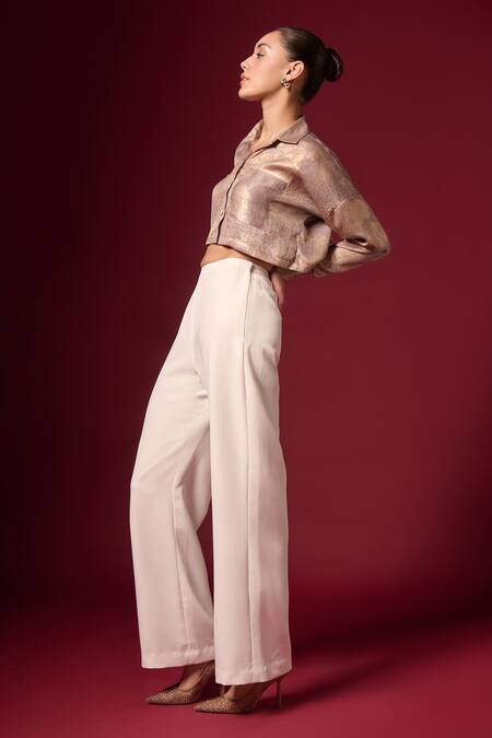 Buy_Emblaze_Gold Cotton Satin Collared Foil Crop Shirt _Online_at_Aza_Fashions