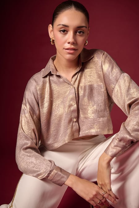 Shop_Emblaze_Gold Cotton Satin Collared Foil Crop Shirt _Online_at_Aza_Fashions
