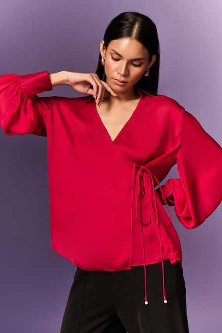 Emblaze_Pink Chiffon, Satin V-neck Hot Shirt _Online_at_Aza_Fashions