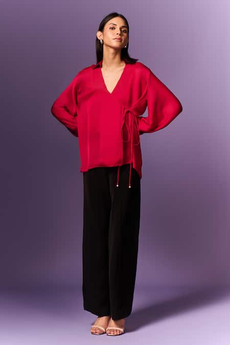 Shop_Emblaze_Pink Chiffon, Satin V-neck Hot Shirt _Online_at_Aza_Fashions