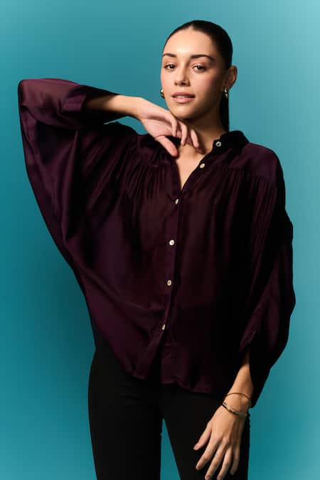 Emblaze Purple Chiffon, Satin Collared Pleated Shirt Online at Aza Fashions Emblaze_Purple Chiffon, Satin Collared Pleated Shirt _Online_at_Aza_Fashions