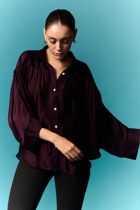 Buy Emblaze Purple Chiffon, Satin Collared Pleated Shirt Online at Aza Fashions Buy_Emblaze_Purple Chiffon, Satin Collared Pleated Shirt _Online_at_Aza_Fashions