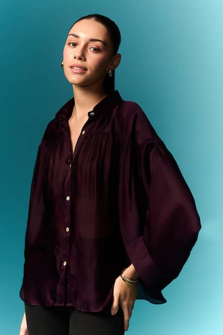 Shop Emblaze Purple Chiffon, Satin Collared Pleated Shirt Online at Aza Fashions Shop_Emblaze_Purple Chiffon, Satin Collared Pleated Shirt _Online_at_Aza_Fashions