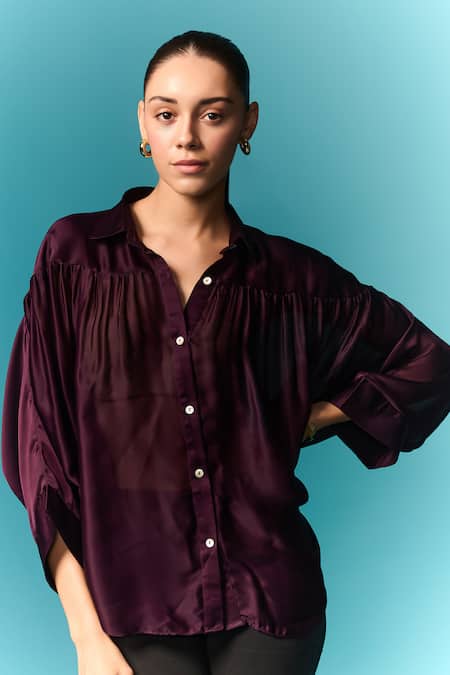Emblaze Purple Chiffon, Satin Collared Pleated Shirt at Aza Fashions Emblaze_Purple Chiffon, Satin Collared Pleated Shirt _at_Aza_Fashions
