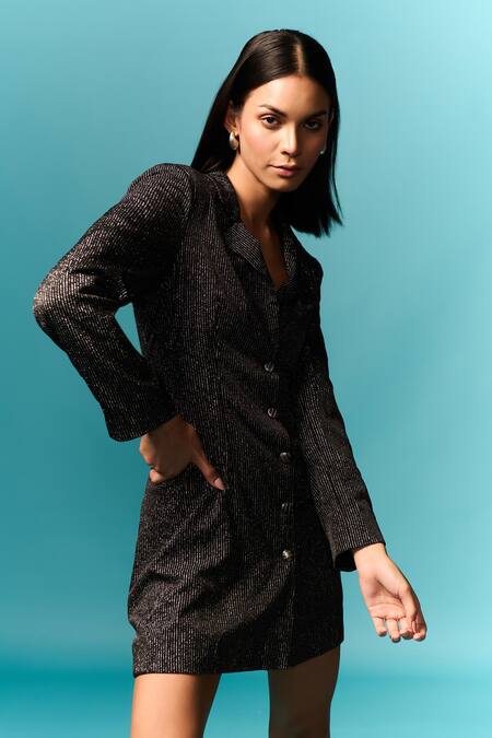 Emblaze_Black Jersey Notched Neck Shimmer Blazer Dress _Online_at_Aza_Fashions
