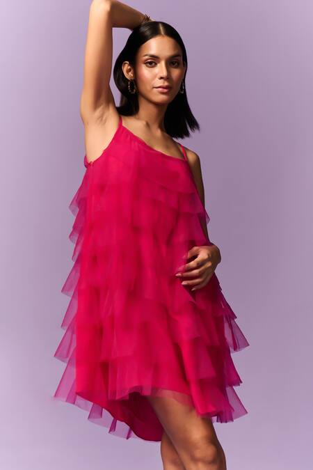 Buy Emblaze Pink Tulle Round Neck Layered Dress Online at Aza Fashions Buy_Emblaze_Pink Tulle Round Neck Layered Dress _Online_at_Aza_Fashions