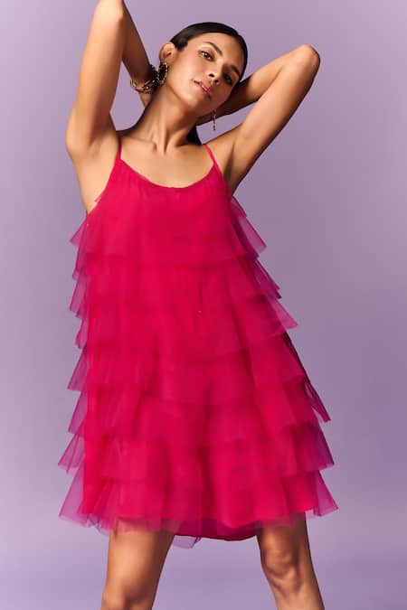 Shop Emblaze Pink Tulle Round Neck Layered Dress Online at Aza Fashions Shop_Emblaze_Pink Tulle Round Neck Layered Dress _Online_at_Aza_Fashions