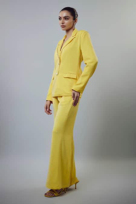 Emblaze_Yellow Banana Crepe Embellished Blazer Set _Online_at_Aza_Fashions